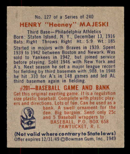 1949 Bowman Baseball #127 Hank Majeski A's EX-MT Print 556103