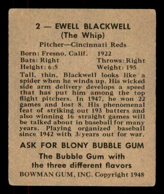1948 Bowman Baseball #002 Ewell Blackwell Reds VG-EX 556105