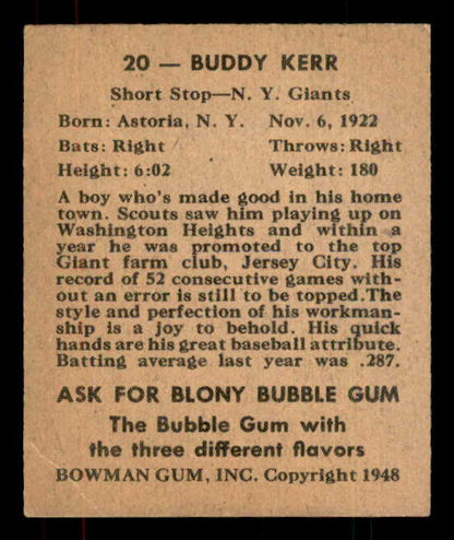 1948 Bowman Baseball #020 Buddy Kerr Giants VG-EX 556107