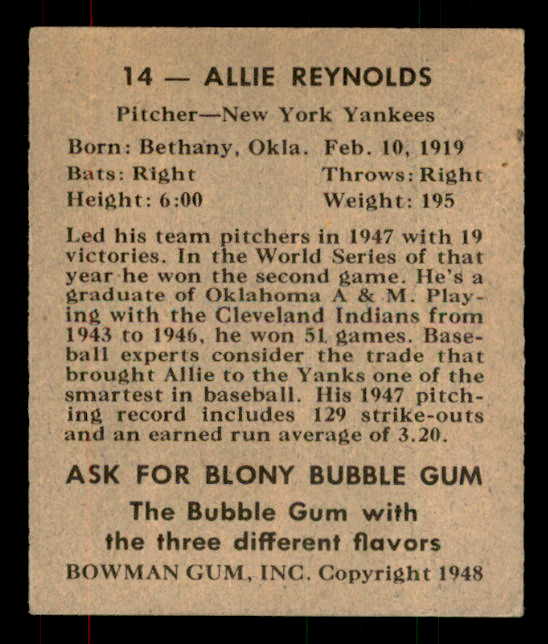 1948 Bowman Baseball #014 Allie Reynolds Yankees VG-EX 556108