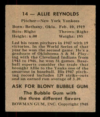 1948 Bowman Baseball #014 Allie Reynolds Yankees VG-EX 556108