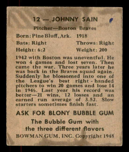 1948 Bowman Baseball #012 Johnny Sain Braves GD-VG 556110