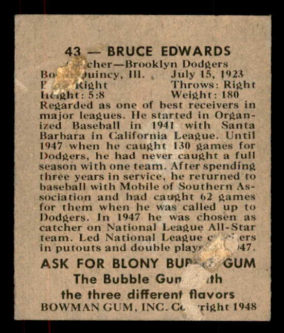 1948 Bowman Baseball #043 Bruce Edwards Dodgers FR-GD 556111