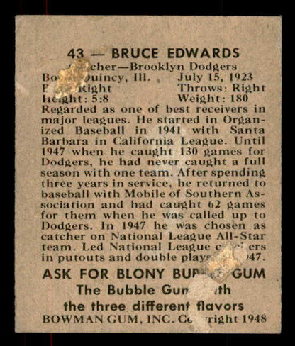1948 Bowman Baseball #043 Bruce Edwards Dodgers FR-GD 556111