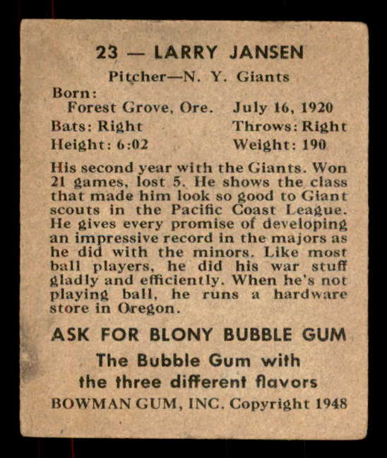 1948 Bowman Baseball #023 Larry Jansen Giants VG-EX 556112