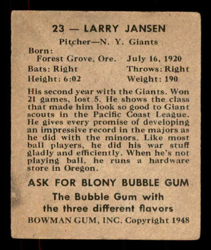1948 Bowman Baseball #023 Larry Jansen Giants VG-EX 556112