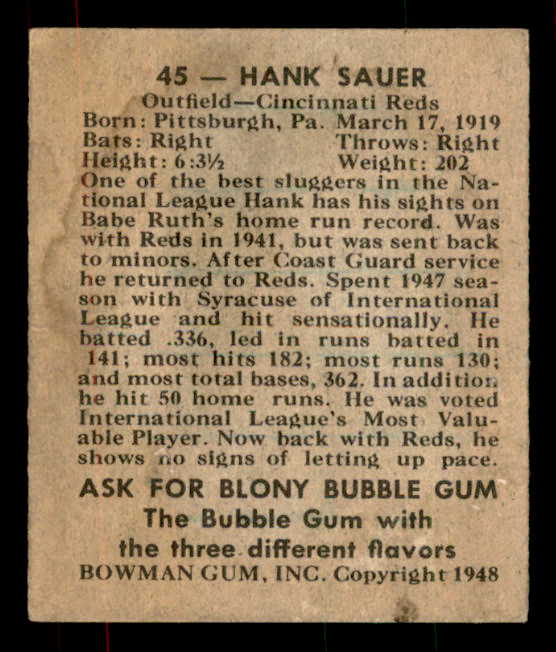 1948 Bowman Baseball #045 Hank Sauer Reds VG-EX 556113