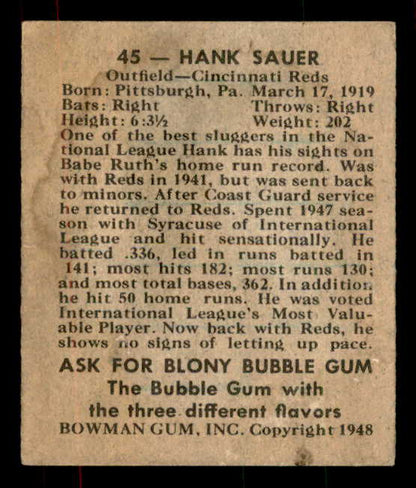 1948 Bowman Baseball #045 Hank Sauer Reds VG-EX 556113