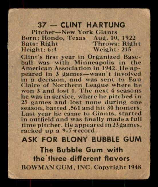 1948 Bowman Baseball #037 Clint Hartung Giants GD-VG 556114