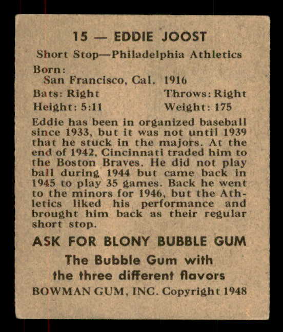 1948 Bowman Baseball #015 Eddie Joost A's EX 556115