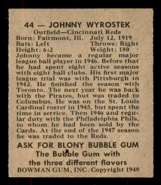 1948 Bowman Baseball #044 Johnny Wyrostek Reds VG-EX 556116