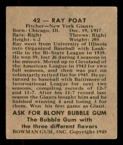 1948 Bowman Baseball #042 Ray Poat Giants VG-EX 556117
