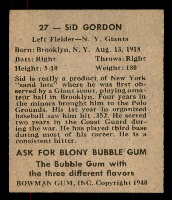 1948 Bowman Baseball #027 Sid Gordon Giants VG-EX 556121