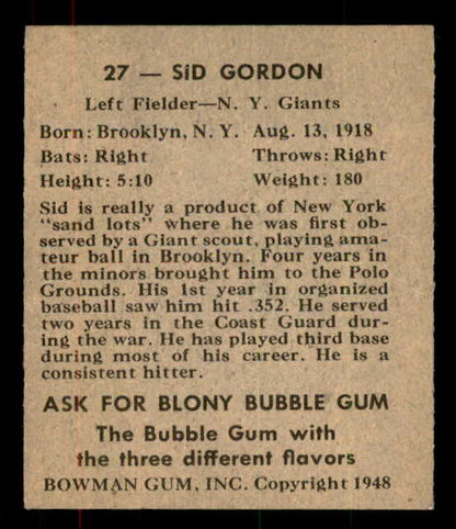 1948 Bowman Baseball #027 Sid Gordon Giants VG-EX 556121