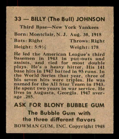 1948 Bowman Baseball #033 Billy Johnson Yankees EX+/EX-MT 556123
