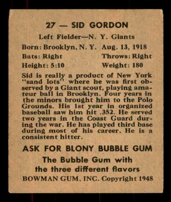 1948 Bowman Baseball #027 Sid Gordon Giants EX+/EX-MT 556124