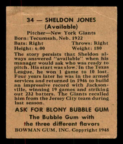 1948 Bowman Baseball #034 Sheldon Jones Giants GD-VG 556125