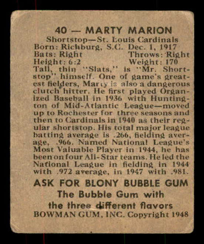 1948 Bowman Baseball #040 Marty Marion Cardinals GD-VG 556127