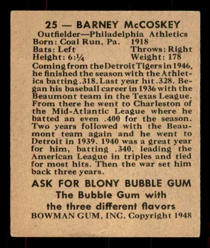 1948 Bowman Baseball #025 Barney Mccosky A's EX-MT 556130