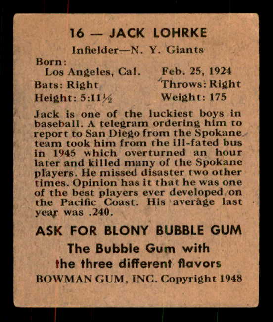 1948 Bowman Baseball #016 Jack Lohrke Giants EX-MT 556134