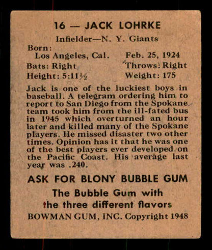 1948 Bowman Baseball #016 Jack Lohrke Giants EX-MT 556134