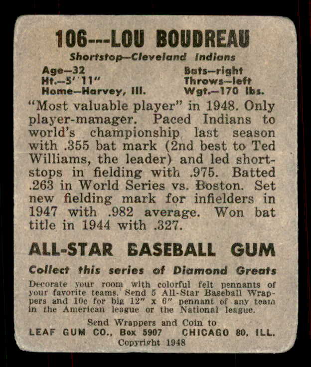 1948 Leaf Baseball #106 Lou Boudreau Indians GD-VG 556136