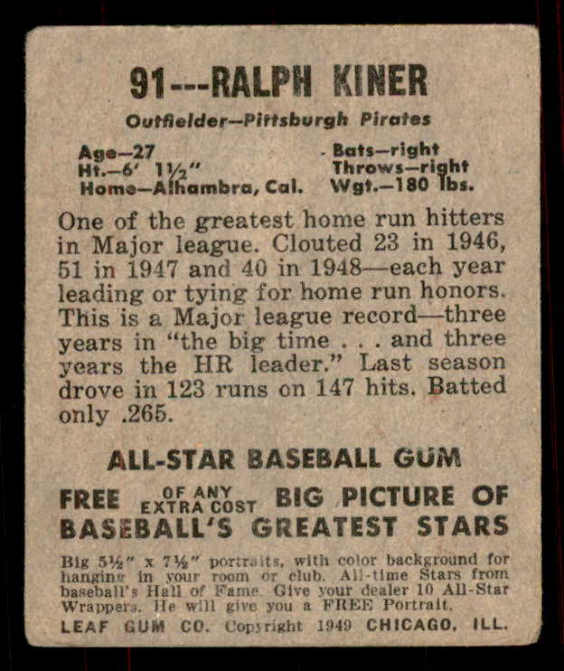 1948 Leaf Baseball #091 Ralph Kiner Pirates GD-VG 556137