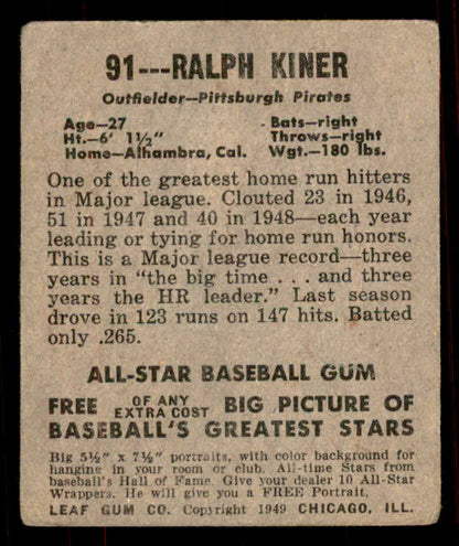 1948 Leaf Baseball #091 Ralph Kiner Pirates GD-VG 556137