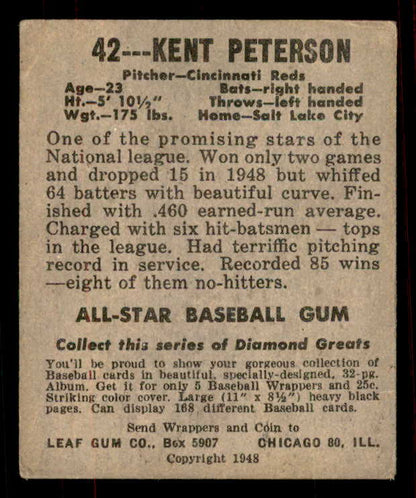 1948 Leaf Baseball #042 Kent Peterson Reds VG-EX Black Cap 556138