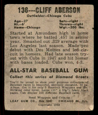 1948 Leaf Baseball #136 Cliff Aberson Cubs VG-EX Short Sleeve 556139
