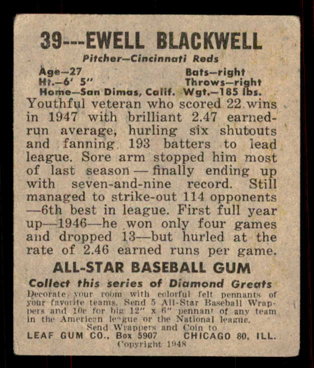 1948 Leaf Baseball #039 Ewell Blackwell Reds VG-EX 556140