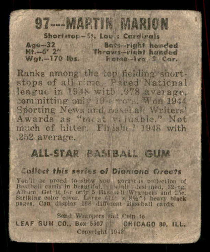 1948 Leaf Baseball #097 Marty Marion Cardinals Good 556144
