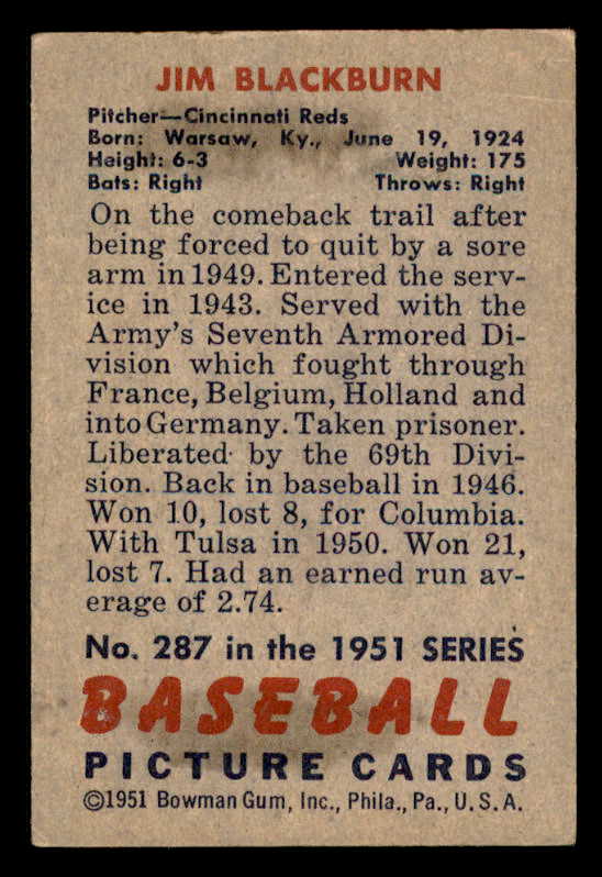 1951 Bowman Baseball #287 Jim Blackburn Reds EX 556175