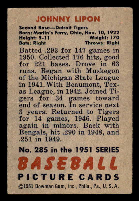 1951 Bowman Baseball #285 Johnny Lipon Tigers EX 556177