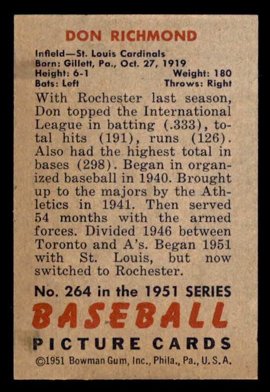 1951 Bowman Baseball #264 Don Richmond Cardinals EX-MT 556183