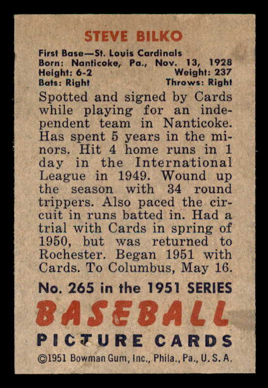 1951 Bowman Baseball #265 Steve Bilko Cardinals EX-MT 556185