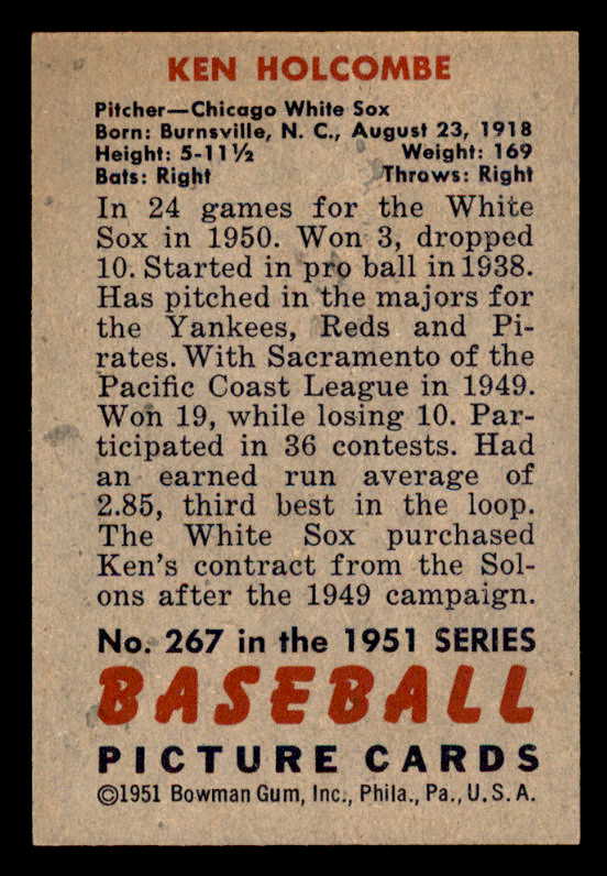 1951 Bowman Baseball #267 Ken Holcombe White Sox EX-MT 556186