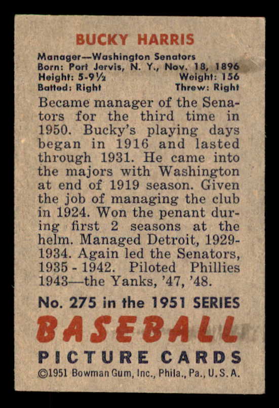 1951 Bowman Baseball #275 Bucky Harris Senators EX-MT 556188