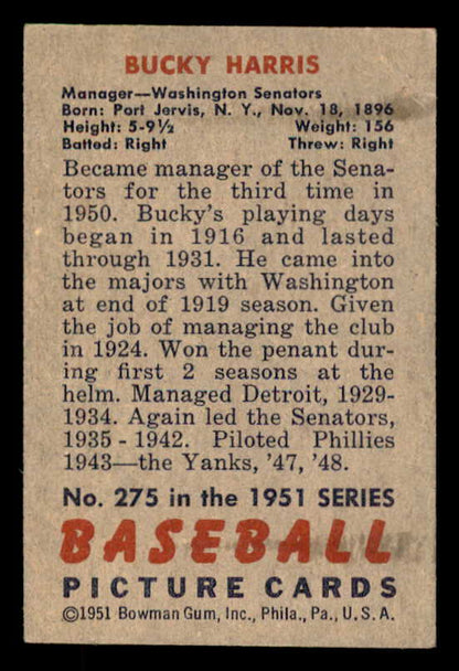 1951 Bowman Baseball #275 Bucky Harris Senators EX-MT 556188