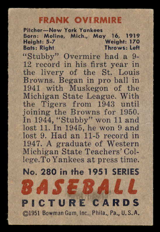 1951 Bowman Baseball #280 Frank Overmire Yankees EX-MT 556191