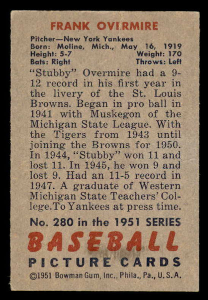 1951 Bowman Baseball #280 Frank Overmire Yankees EX-MT 556191