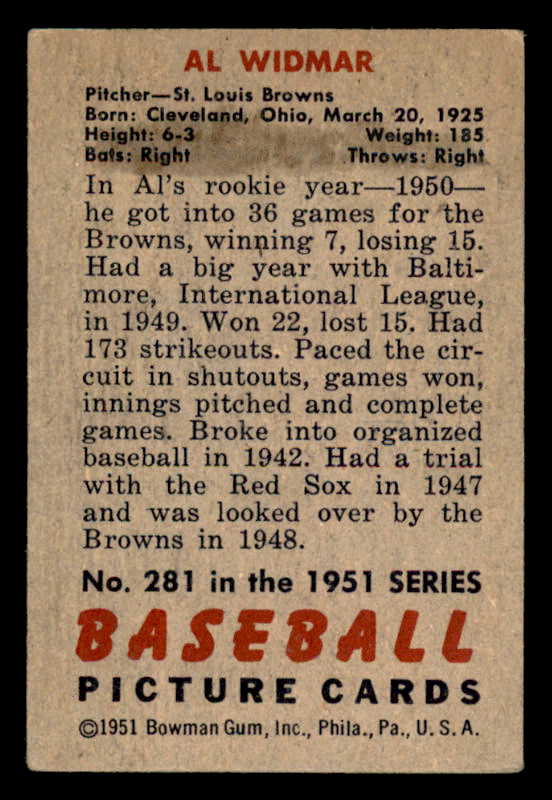 1951 Bowman Baseball #281 Al Widmar Browns VG-EX 556193
