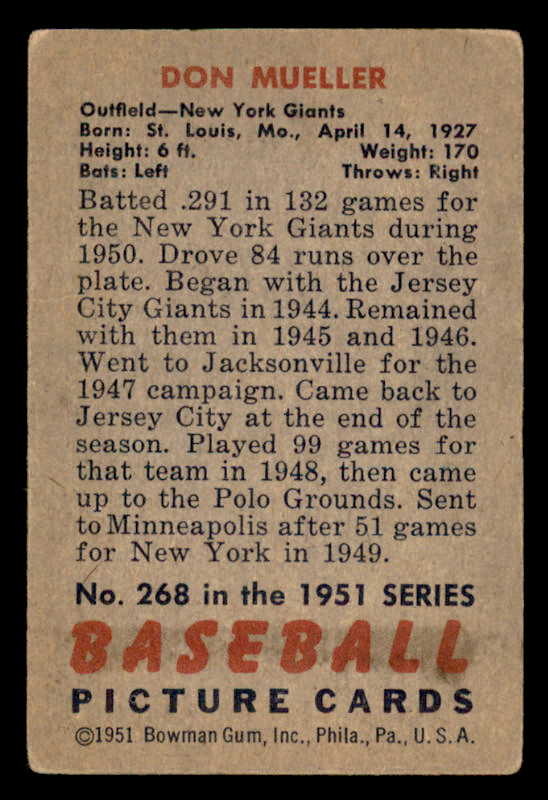 1951 Bowman Baseball #268 Don Mueller Giants VG-EX 556197