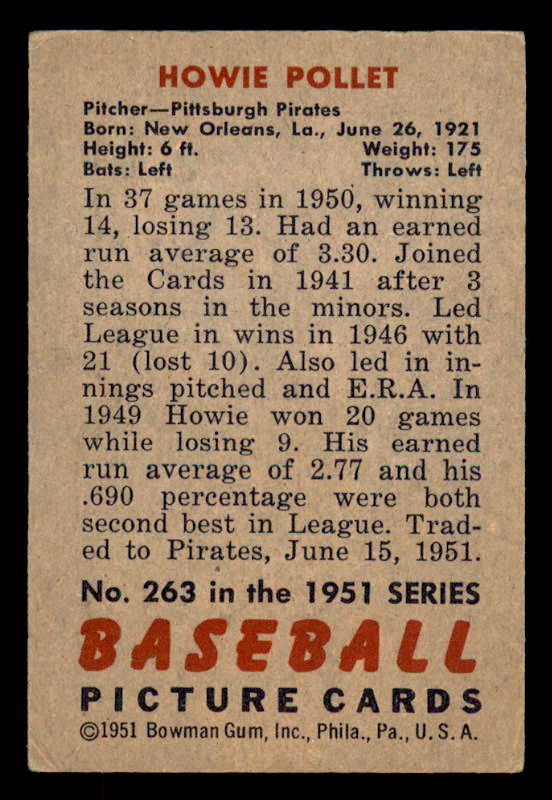 1951 Bowman Baseball #263 Howie Pollet Pirates VG-EX 556198