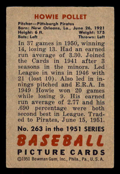 1951 Bowman Baseball #263 Howie Pollet Pirates VG-EX 556198