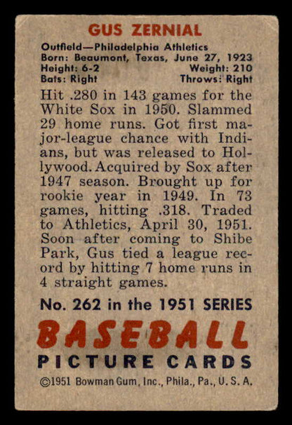 1951 Bowman Baseball #262 Gus Zernial A's VG-EX 556199