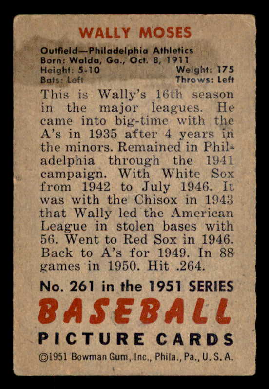 1951 Bowman Baseball #261 Wally Moses A's VG-EX 556200