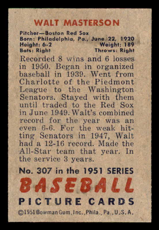 1951 Bowman Baseball #307 Walt Masterson Red Sox EX-MT 556202