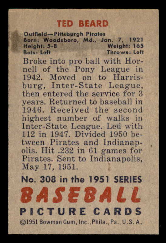 1951 Bowman Baseball #308 Ted Beard Pirates EX-MT 556203