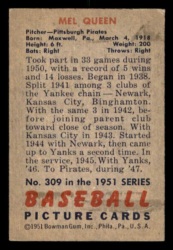 1951 Bowman Baseball #309 Mel Queen Pirates EX-MT 556204